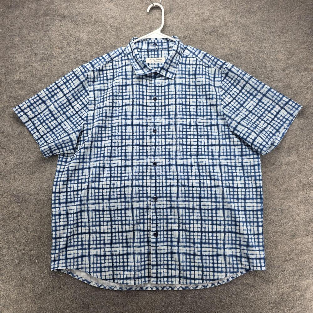 Tommy Bahama Shirt Mens XL Blue Check Short Sleeve Button Up Relaxed Fit